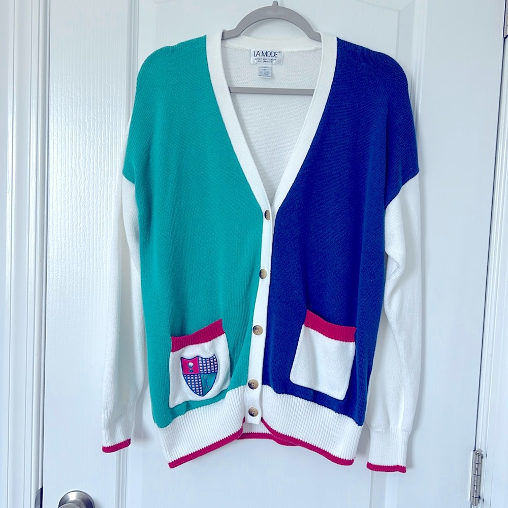 Retro La Mode Sportswear Knit Cardigan Multi-Color Preppy Golf V-neck 100 cotton
